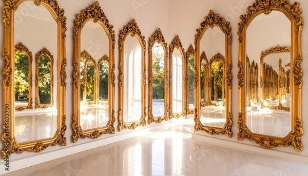 Fototapeta Ornate Gold Framed Mirrors Reflecting Bright Sunlight and Outdoor Scenery Creating Depth in a Spacious Room