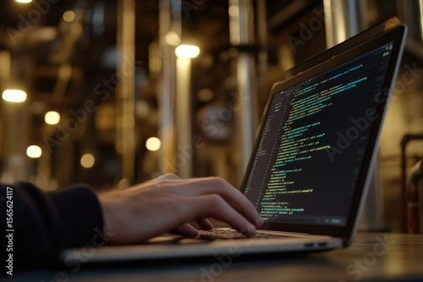 Fototapeta A programmer's hands code on a laptop in a dimly lit setting, showcasing lines of code.