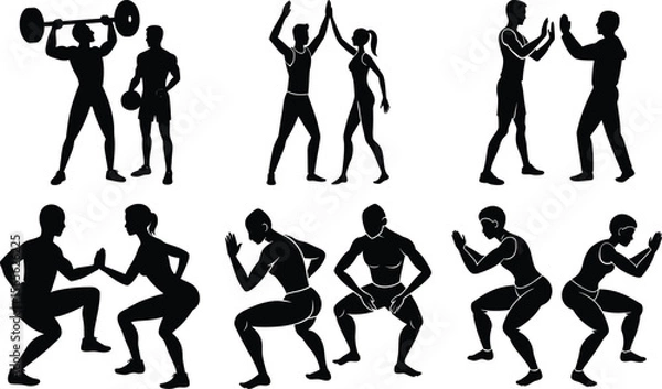 Fototapeta Vector art of silhouettes of men and women exercising, isolated on transparent background