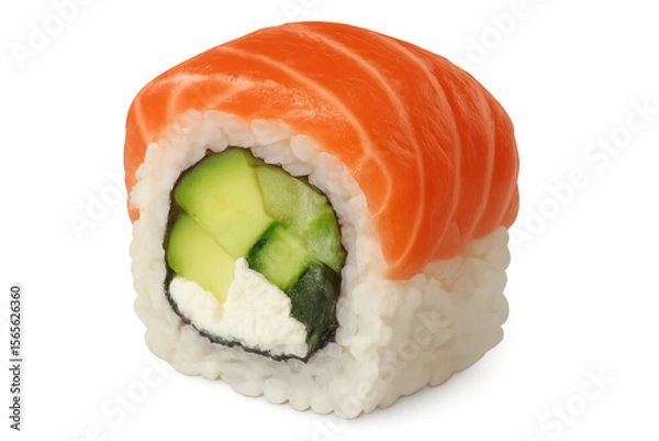 Fototapeta Uramaki sushi roll featuring salmon, avocado, cucumber, cream cheese on transparent background with clean presentation