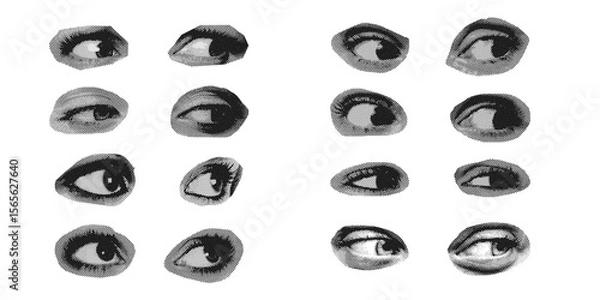 Fototapeta Black and white side eyes halftone dotted art style, perfect for bold, expressive, and surreal designs focused on vision and emotion.