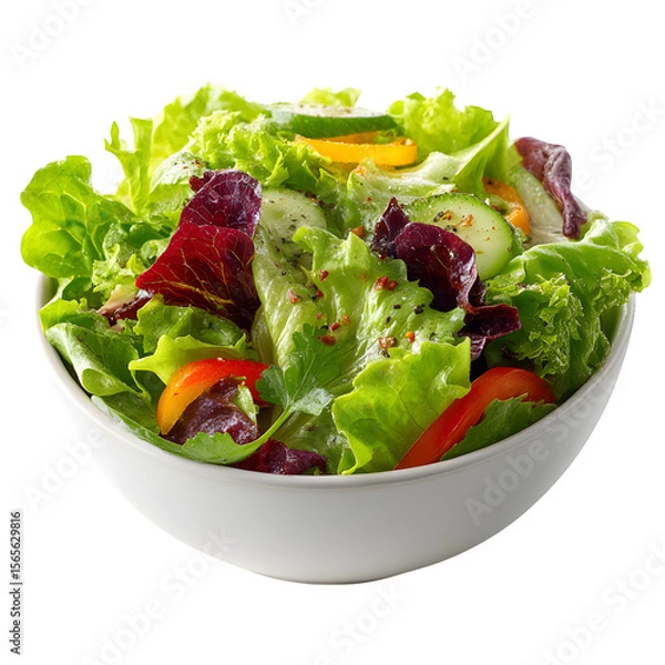 Fototapeta A healthy mixed salad with fresh green lettuce and various vegetables in a bowl, transparent background