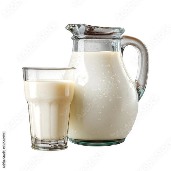 Fototapeta Fresh milk fills a glass and pitcher, shown against a transparent backdrop, transparent background