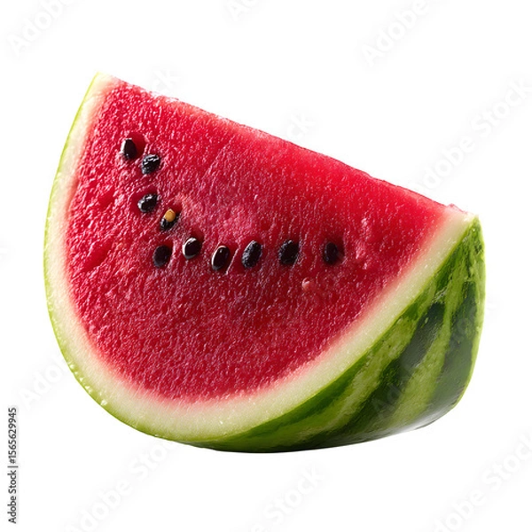 Fototapeta A vibrant watermelon slice displays fresh red flesh and dark seeds on black, transparent background
