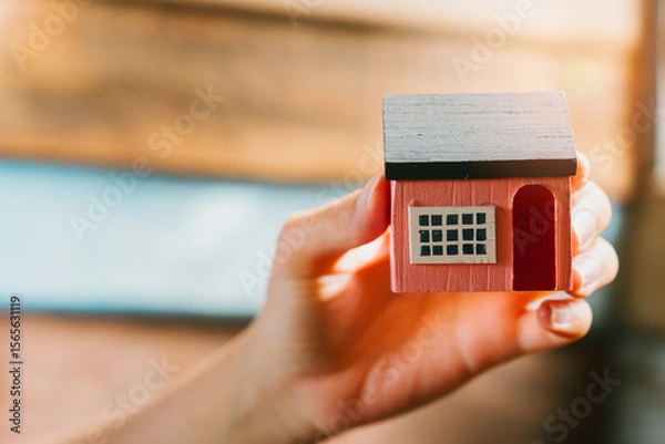Fototapeta Miniature Wooden House Model Held by Hand with Soft Light in Background for Real Estate Concepts