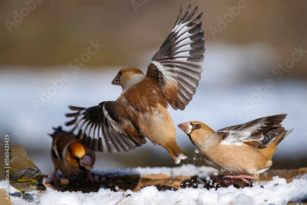 Fototapeta Fight Between Hawfinches (Coccothraustes coccothraustes) at a Bird Feeder in the Forest