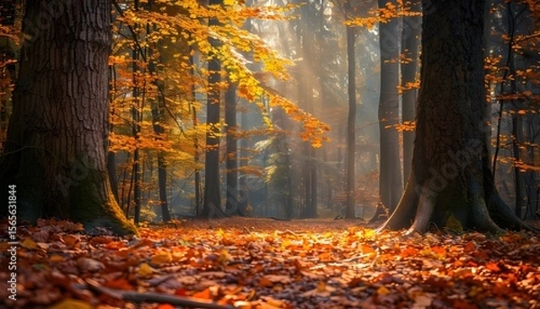 Fototapeta Beech forest with bright yellow leaves on a fairytale autumn day