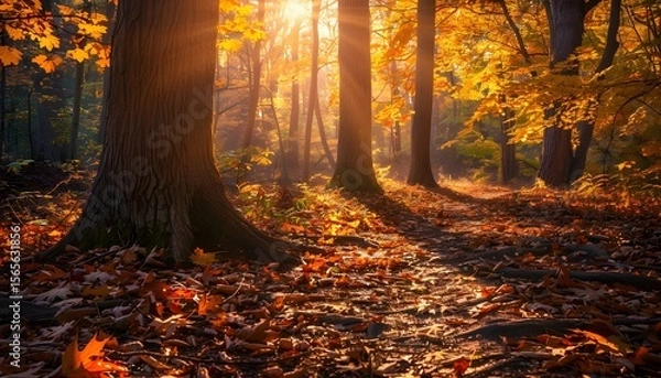 Fototapeta Beech forest with bright yellow leaves on a fairytale autumn day
