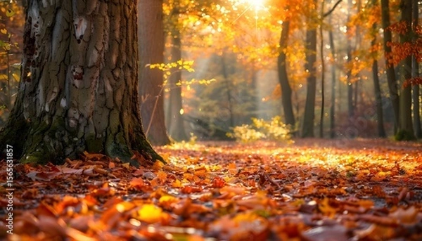 Fototapeta Beech forest with bright yellow leaves on a fairytale autumn day