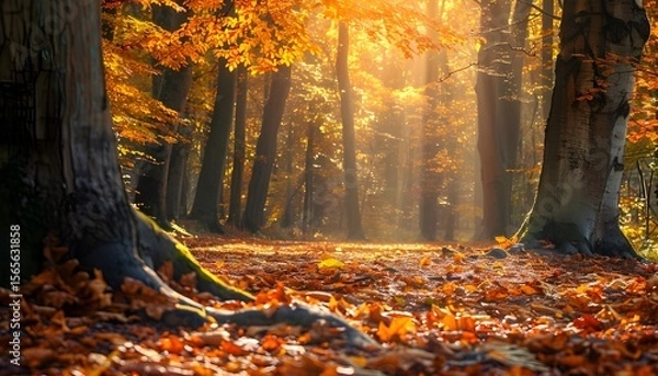 Fototapeta Beech forest with bright yellow leaves on a fairytale autumn day