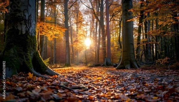 Fototapeta Beech forest with bright yellow leaves on a fairytale autumn day