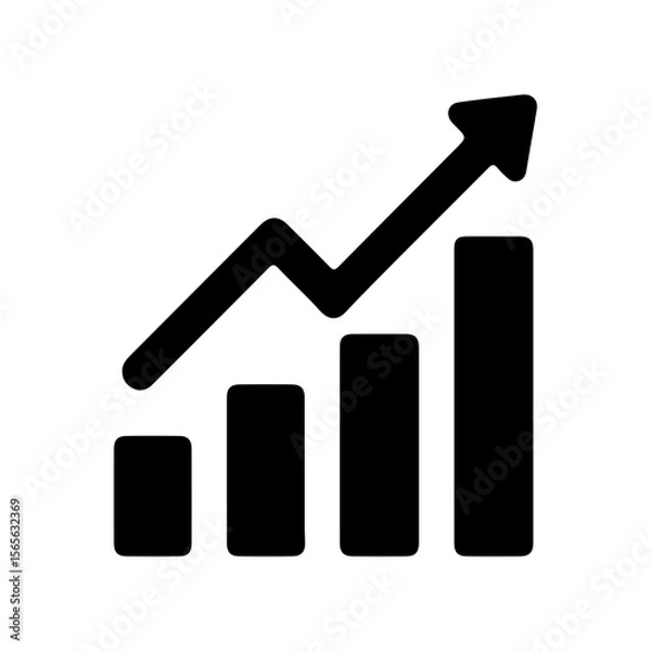 Fototapeta Black silhouette icon of bar chart with upward arrow. Filled vector illustration. Growth, analytics, and business success concept. Design for banner, sticker, print, poster, card. Flat icon view