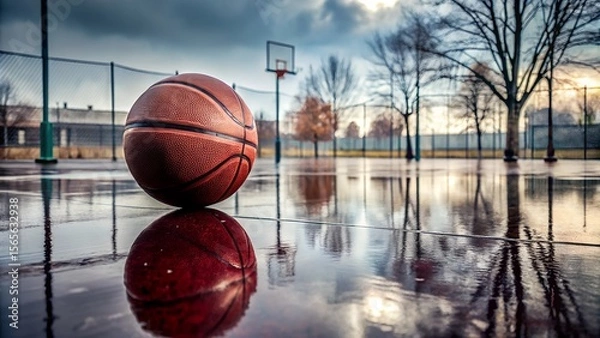 Fototapeta A wet basketball sits on a rainsoaked outdoor court, its reflection visible in the puddles
