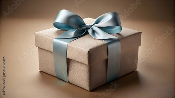 Fototapeta A beige gift box with a light blue ribbon and bow sits on a brown surface
