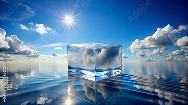Fototapeta A large ice cube floats in calm blue water under a bright sunny sky with fluffy white clouds