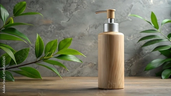 Fototapeta A wooden bottle with a pump dispenser sits on a wooden table, flanked by green leaves against a gray background
