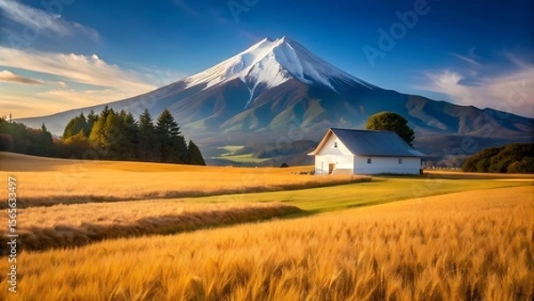 Fototapeta A white farmhouse sits in a golden wheat field with a majestic snowcapped mountain in the background
