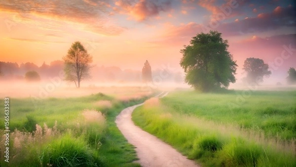 Fototapeta A winding path leads through a misty green field at sunrise, with trees in the distance
