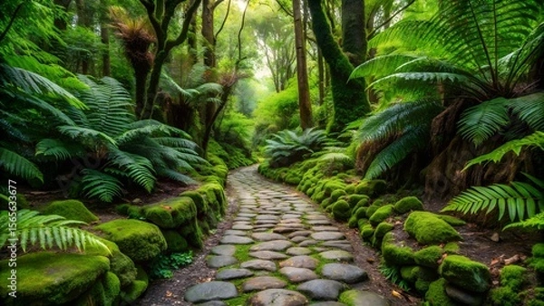 Fototapeta A stone path winds through a lush green forest, ferns and moss cover the stones, sunlight filters through the trees