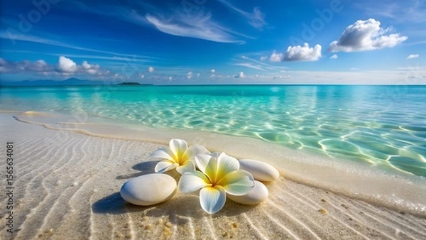 Fototapeta Three white plumeria flowers and smooth white stones rest on a pristine white sand beach, the turquoise ocean gently lapping in the background
