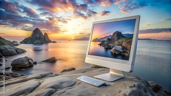 Fototapeta A sleek silver desktop computer sits on a rocky beach, displaying a stunning sunset seascape