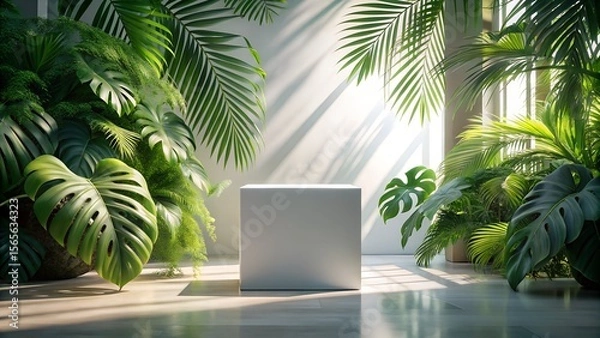 Fototapeta A white product display box is nestled among lush green tropical plants, bathed in sunlight in a minimalist studio setting