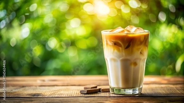 Fototapeta A refreshing iced latte in a glass sits on a wooden table with chocolate squares, set against a blurred green background
