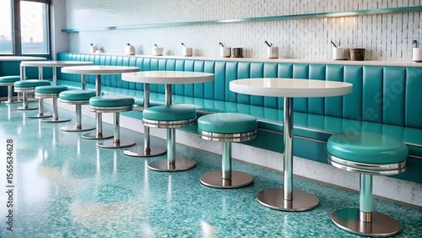 Fototapeta A modern cafe interior features teal booths, white tables, and a terrazzo floor, creating a retrochic atmosphere