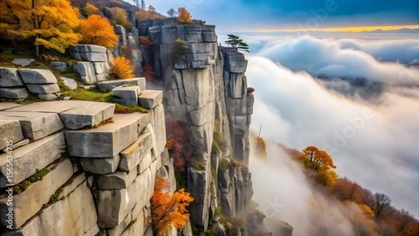 Fototapeta A dramatic cliff face overlooks a sea of clouds during autumn, creating a breathtaking landscape