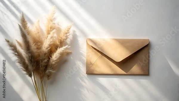 Fototapeta A beige envelope and a bunch of pampas grass are arranged on a white background, illuminated by sunlight creating shadows