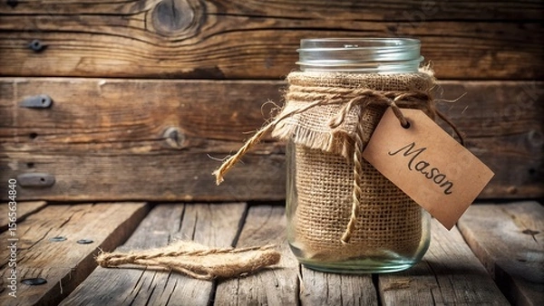 Fototapeta A rustic mason jar wrapped in burlap sits on a wooden background, adorned with twine and a label