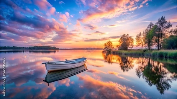 Fototapeta A small white boat floats serenely on a calm lake at sunset, reflecting the vibrant colors of the sky and clouds