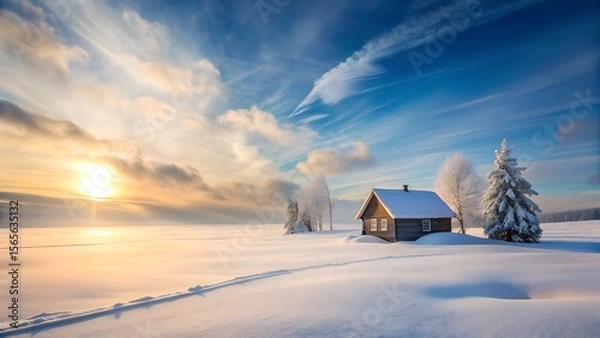 Fototapeta A cozy wooden cabin sits in a snowy field at sunrise, surrounded by frosted trees under a vibrant sky