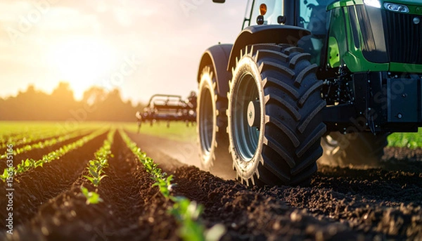Fototapeta Tractor in Agricultural Field: A powerful tractor cultivating a fertile field under a bright sun, epitomizing the heart of agricultural work and the promise of harvest.