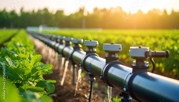 Fototapeta Watering the Land: Captivating shot of an irrigation system nourishing rows of verdant plants in a cultivated field, harnessing the life-giving essence of water under the radiant glow of the sun.