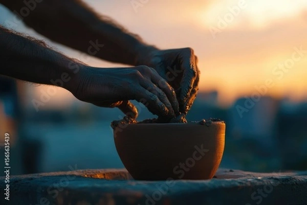 Fototapeta A potter's hands skillfully shaping clay into a vessel at sunset, a moment of creation and artistry.
