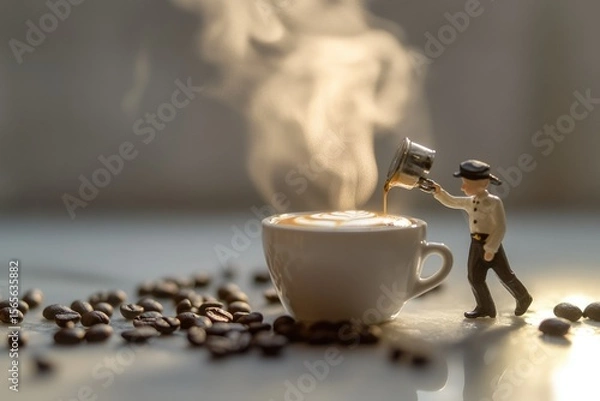 Fototapeta Miniature barista pouring latte art into a steaming cup of coffee surrounded by coffee beans.