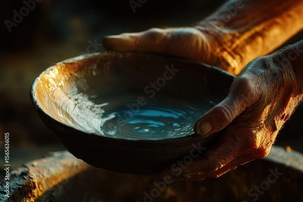 Fototapeta A potter's hands carefully shape a clay bowl, water swirling within, showcasing traditional craftsmanship.