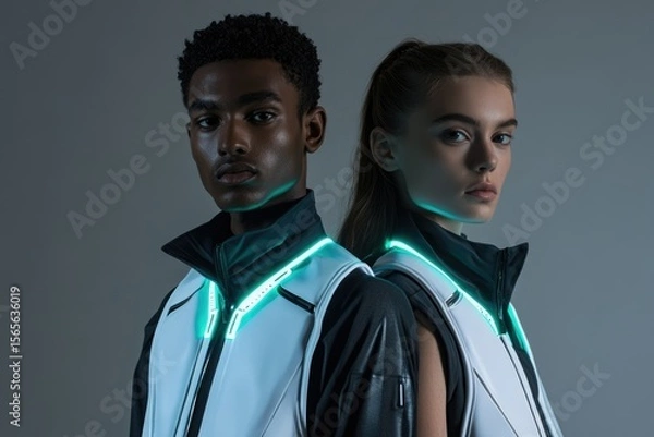 Fototapeta Futuristic fashion models showcase illuminated outerwear, blending technology and style.