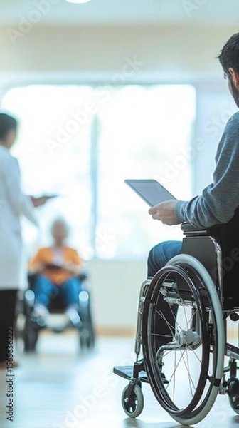 Fototapeta Young patient resting in wheelchair, using digital tablet during hospital wait, medical staff and patients visible in corridor, representing modern healthcare technology