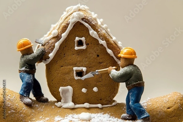 Fototapeta Miniature workers construct a gingerbread house, adding icing details.