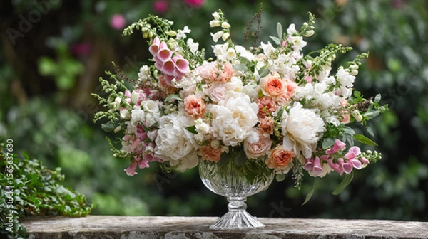 Fototapeta Elegant English garden bouquets in vintage vases, adorned with peonies, tulips and roses and other flowers, displayed in manor garden with dappled light and timeless floral grace
