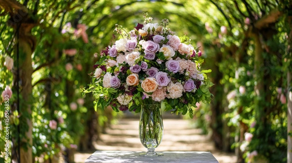 Fototapeta Elegant English garden bouquets in vintage vases, adorned with peonies, tulips and roses and other flowers, displayed in manor garden with dappled light and timeless floral grace
