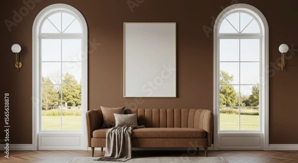 Fototapeta Elegant Brown Living Room with Arch Windows and Mockup: A sophisticated living room features a plush brown sofa, complemented by a large vertical framed mockup against a rich brown wall.