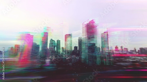 Fototapeta Abstract cityscape view with digital glitch effect.
