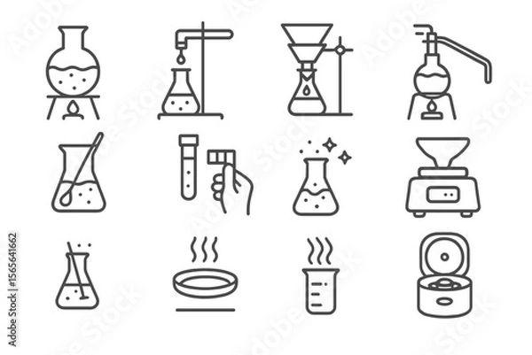 Fototapeta Laboratory equipment icons featuring beakers and flasks on dark background