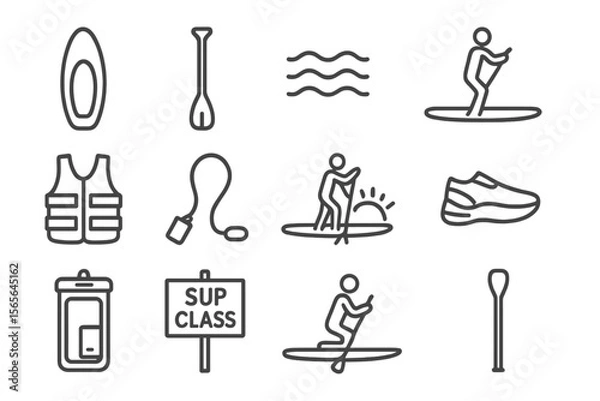 Obraz Paddleboarding icons: sup board, paddle, waves, life jacket, safety gear