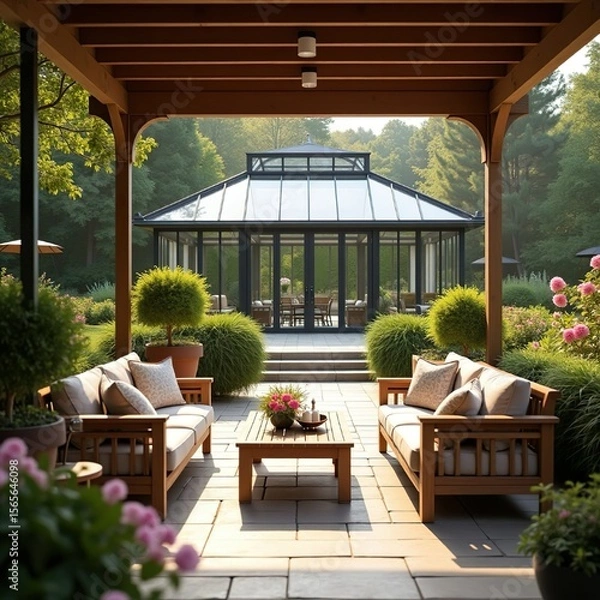Fototapeta A sitting area adorned with a pair of elegant wicker deck chairs