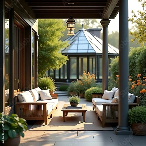 Fototapeta A sitting area adorned with a pair of elegant wicker deck chairs