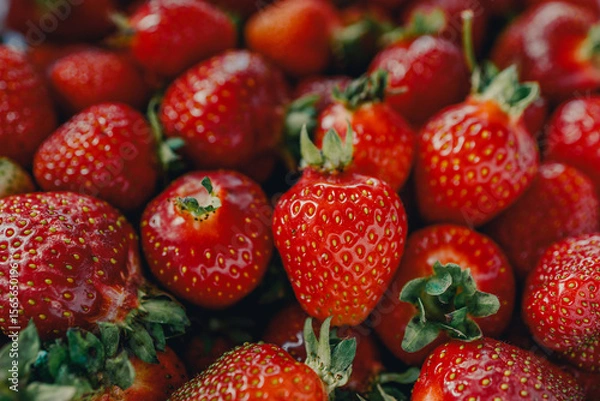 Fototapeta Fresh red strawberry background. Strawberries close-up, high resolution photography. 
